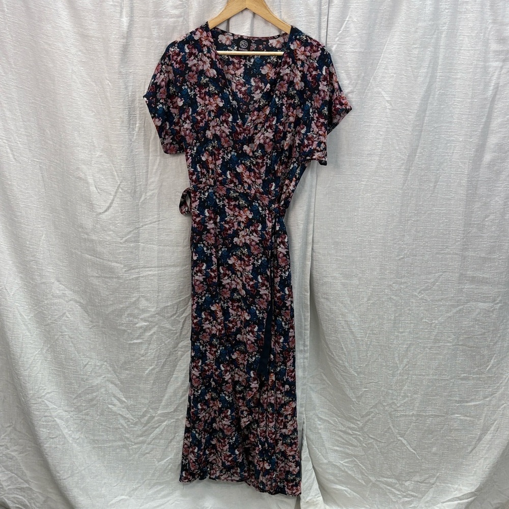 Bobeau Navy Floral Wrap Maxi Dress, Size Small